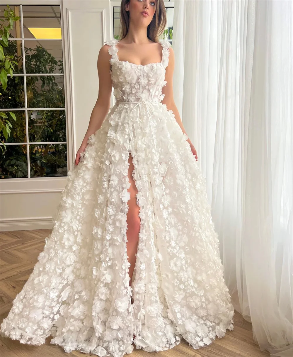 Kyoto Beige 3D Flowers Lace-up Back Wedding Dress A-line Floor-length vestidos de novia Customized Side Slit Evening Dresses image 5