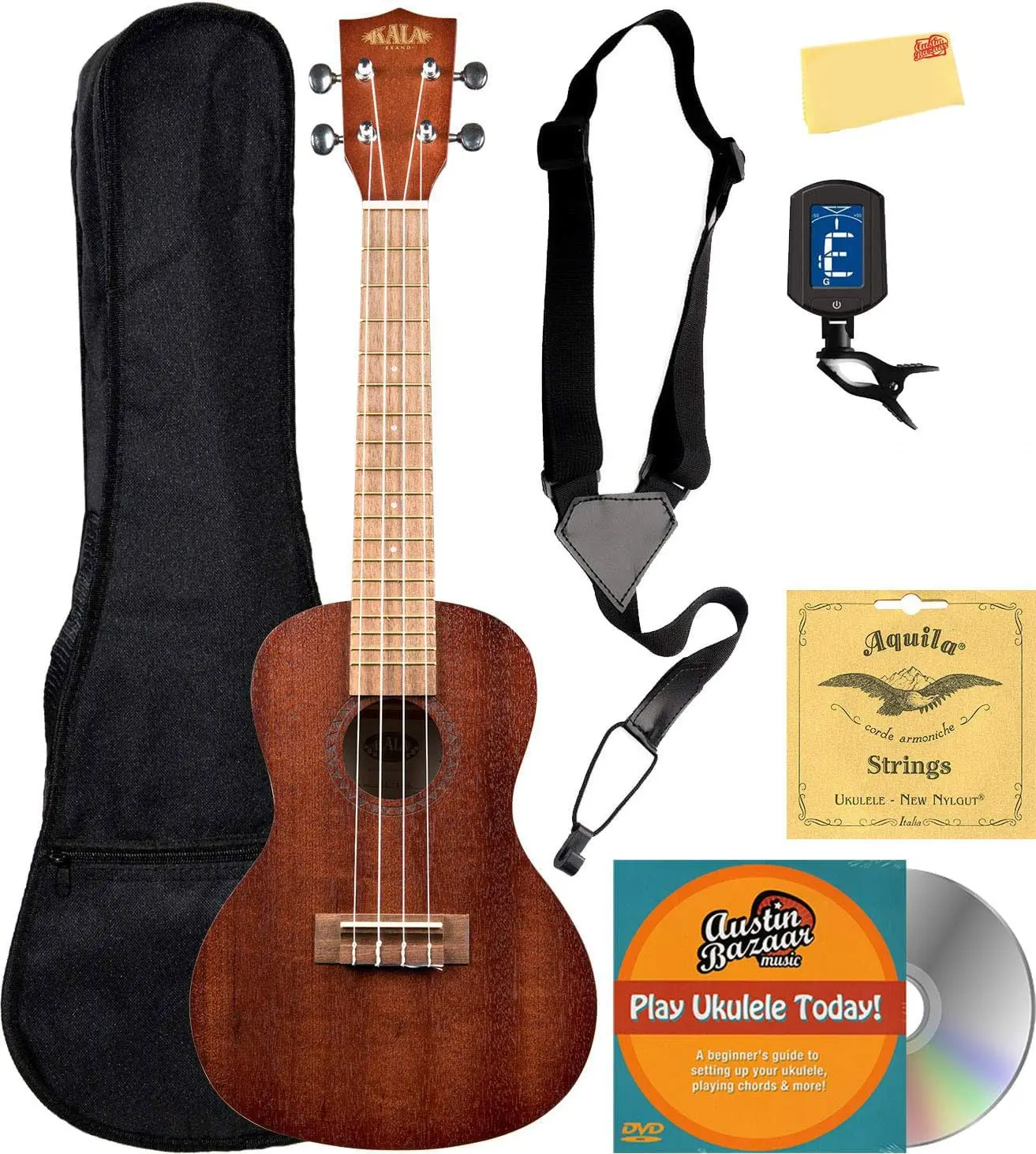 KA-15C Satin Mahogany Concert Ukulele Bundle with Gig Bag, Tuner, Strap, Strings, Austin Bazaar Instructional DVD, and Polishing