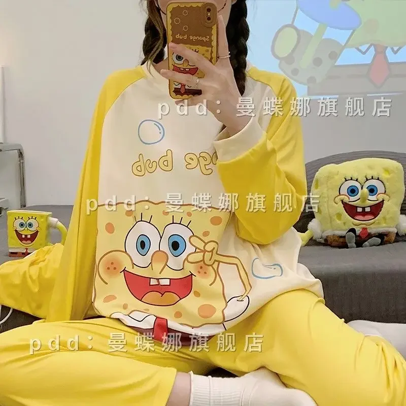 SpongeBob Patrick Star Pajamas Suit Anime Cute Women  Long Sleeve Cartoon Two-pieces Autumn Winter Fashion Girls Sleepwear Set