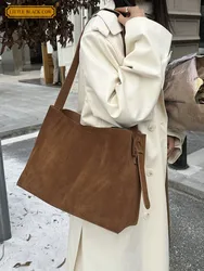 Office Ladies Autumn Winter Genuine Leather Handbag Designer Large Capacity Single Shoulder Bag Vintage Cow Suede Armpit Bags