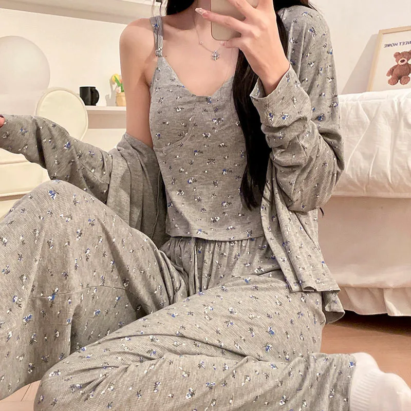 

Сексуальный топ на бретельках, рубашка с длинными рукавами, брючный костюм с принтом, весна-осень, нагрудник, домашняя одежда, корейский хлопковый женский пижамный комплект для сна