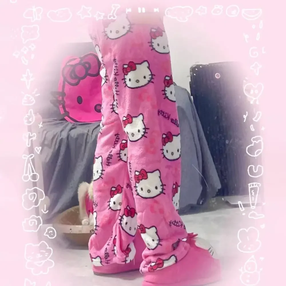 Y2K Hello Kitty Sanrioed ผู้หญิง Plush PAJAMA กางเกงอะนิเมะ Kawaii กางเกงผ้าฝ้ายฤดูหนาว WARM Thicken กางเกงน่ารัก Hip Hop