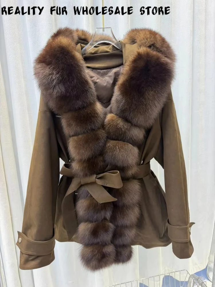 Chaqueta de plumas para mujer, ideal para el invierno, con cuello de piel auténtica, capucha y cinturón. Abrigo de piel para mujer, prenda de abrigo cálida para proteger del frío y para el uso diario.