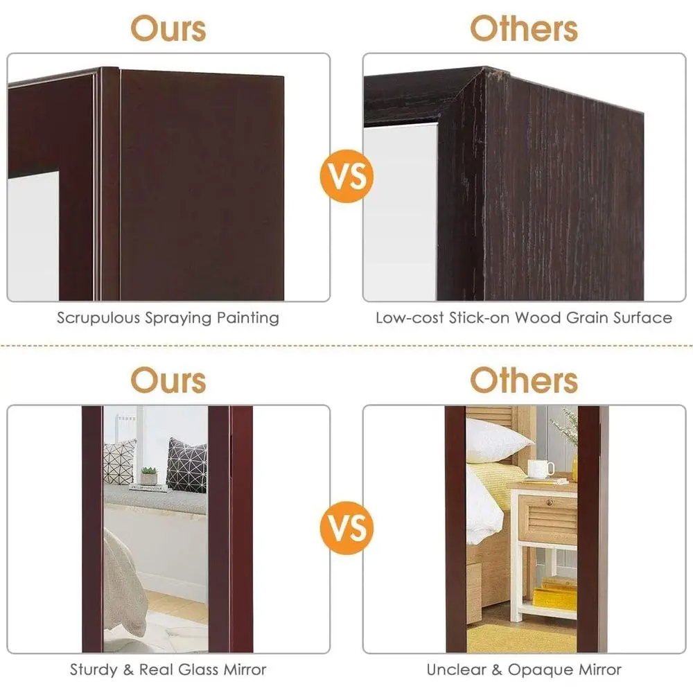 Brown Wall-Mounted Jewelry Armoire with Full-Length and Inside Makeup Mirrors, Large Storage for Women and Girls
