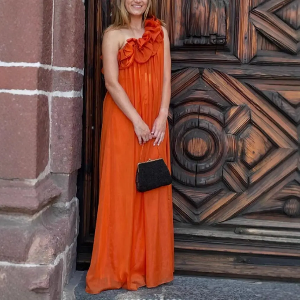 Women's Three-Dimensional Flower Pleated Shoulder Dress Summer Backless A-Line Midi Skirt European Style Casual Fashion