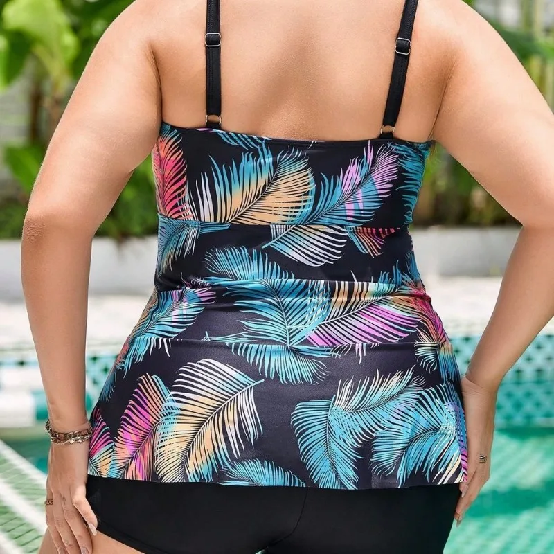 2025, Plus-Size-Damen-Tankini mit hohem Bund und Rock, Vintage-Blatt-Print und Bauchkontrolle