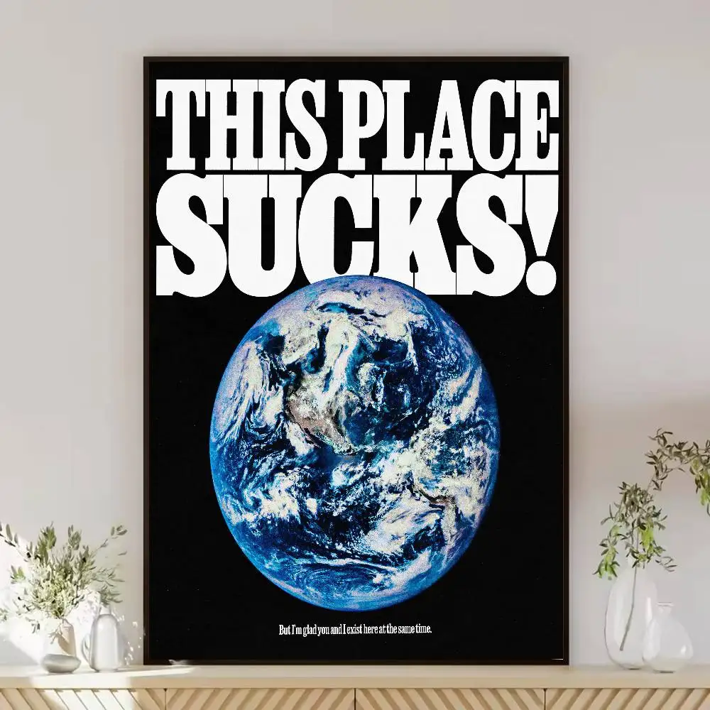 Funny Vintage Earth Typography Poster Black Background Meme Planet Quote Aesthetic Space Themed Canvas Poster Decor