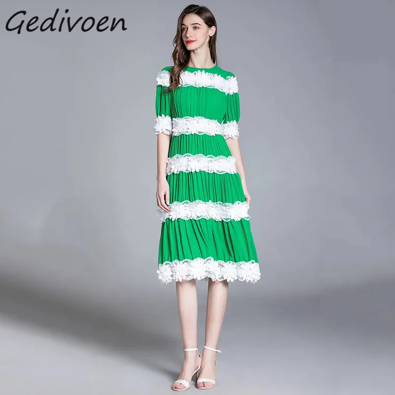 

Gedivoen Summer Fashion Designer Mesh Spliced Pleated Dress Women's O-Neck Appliques Elegant Party Green High Waist Midi Dress