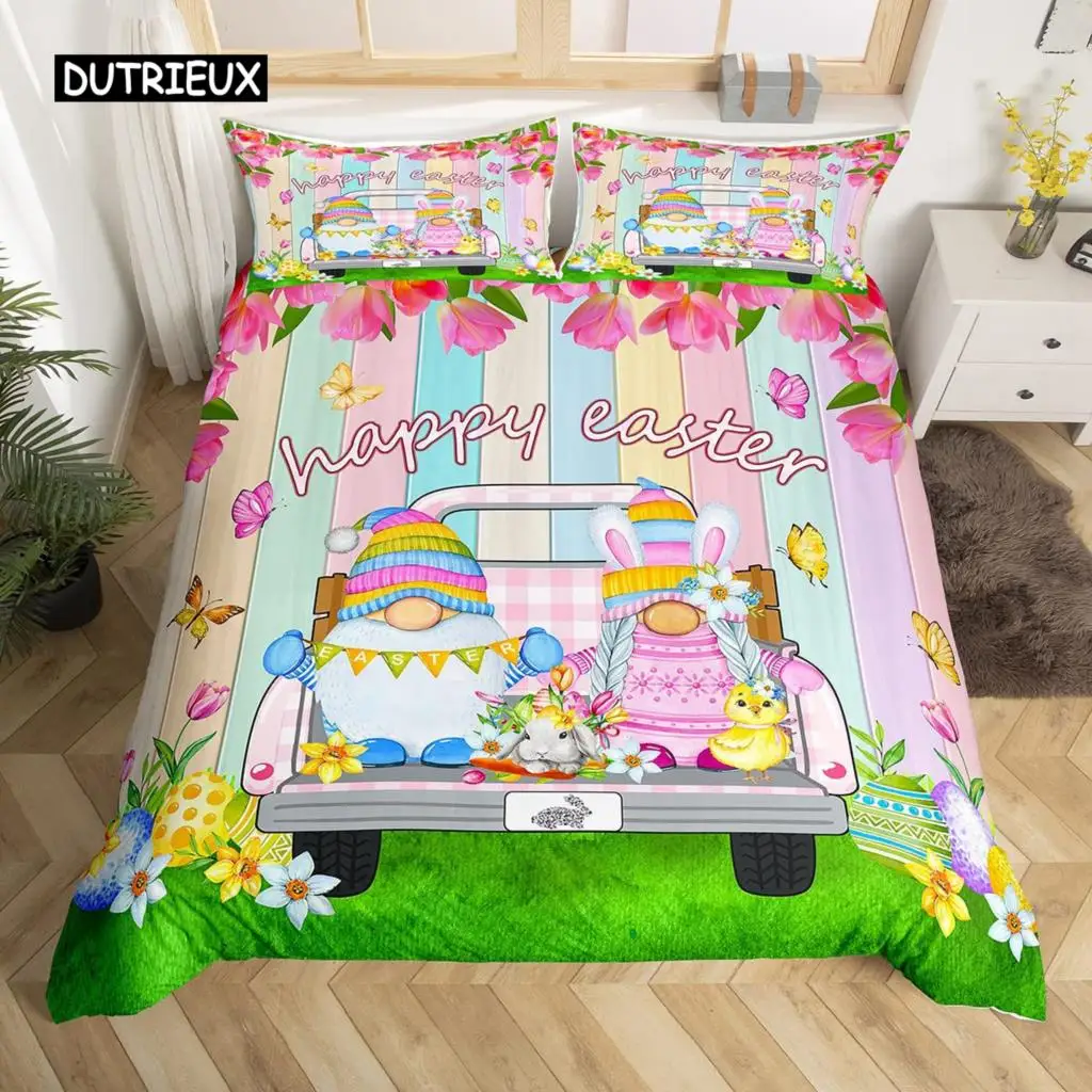 

Easter Eggs Gnome Duvet Cover Butterfly Tulip Flowers Bedding Set Microfiber Rainbow Wooden Plank Kawaii Dwarf Comforter Cover