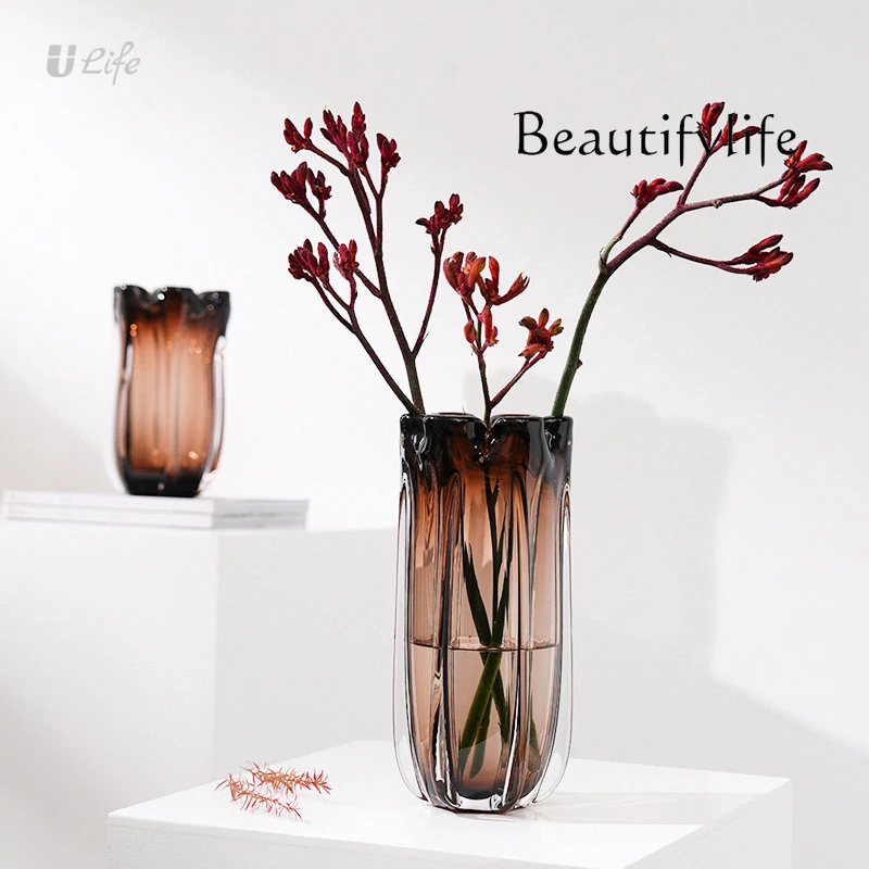 Light luxury glass vase amber porch modern simple living room dining table model room flower ware decorative art