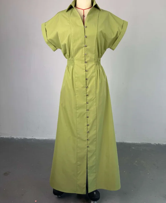

Freshly Launched Fashionable Short-Sleeve Shirt Dress with Collar, Single-Breasted Design, Buckle Waist Accent, and Flattering