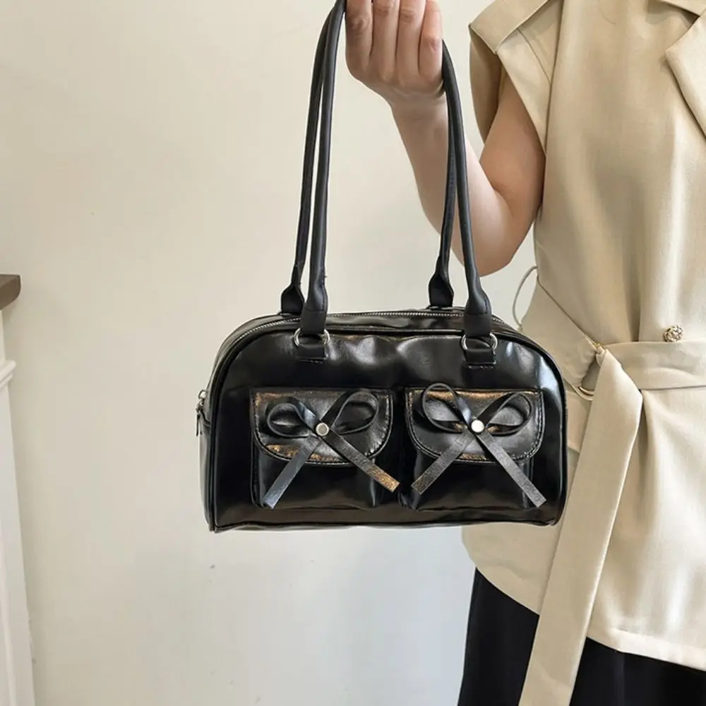 

French Style Bow Ribbons Bowling Bag Elegant PU Leather Boston Shoulder Bag Casual Large Capacity Women Handbags Underarm Bag