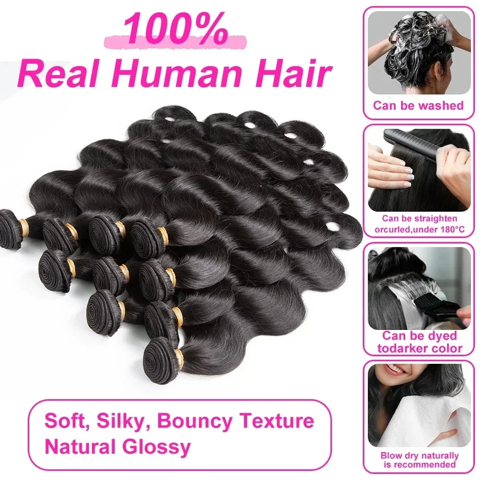 Brazilian Remy Body Wave Weave Extensions, 100% cabelo humano não processado, ondulado duplo desenhado, 30 in, 32 in, 40 in, 3 Pacotes, 4 Pacotes