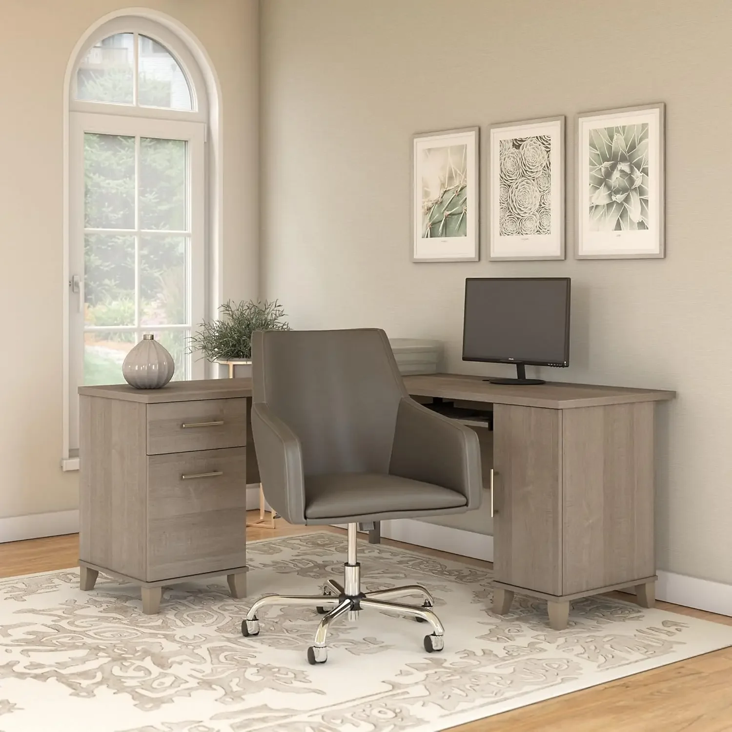 60W L Shaped Desk with Mid Back Leather Box Chair in Ash Gray