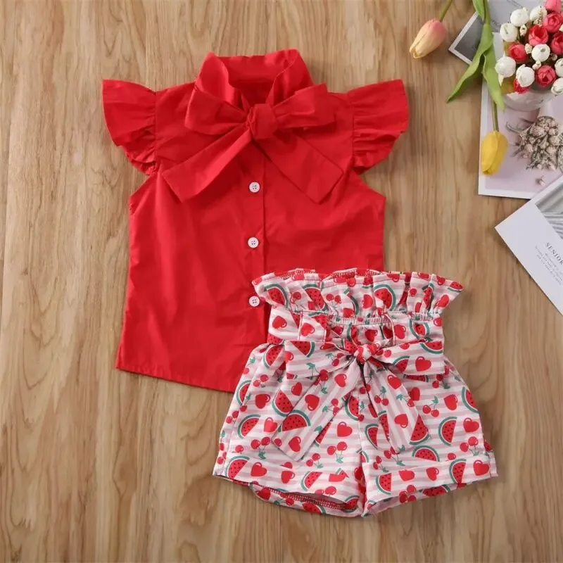 2020 Baby Girl Red Shirt Top Watermelon Shorts 2Pcs Set