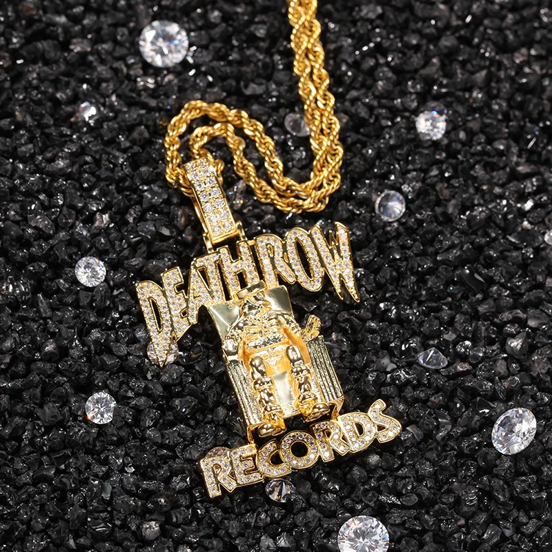 Hip Hop 3A+ CZ Stone Paved Bling Iced Out DEATHROW Label Pendants Letters Necklace for Men Rapper Jewelry Gold Silver Color