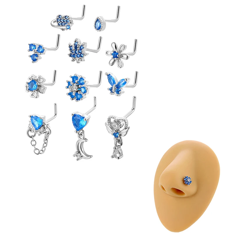 1Pcs 20G Nose Studs, Surgical Steel L‑Shaped Nose Rings Studs for Women, Opal CZ Heart Butterfly Nose Piercing Jewelry