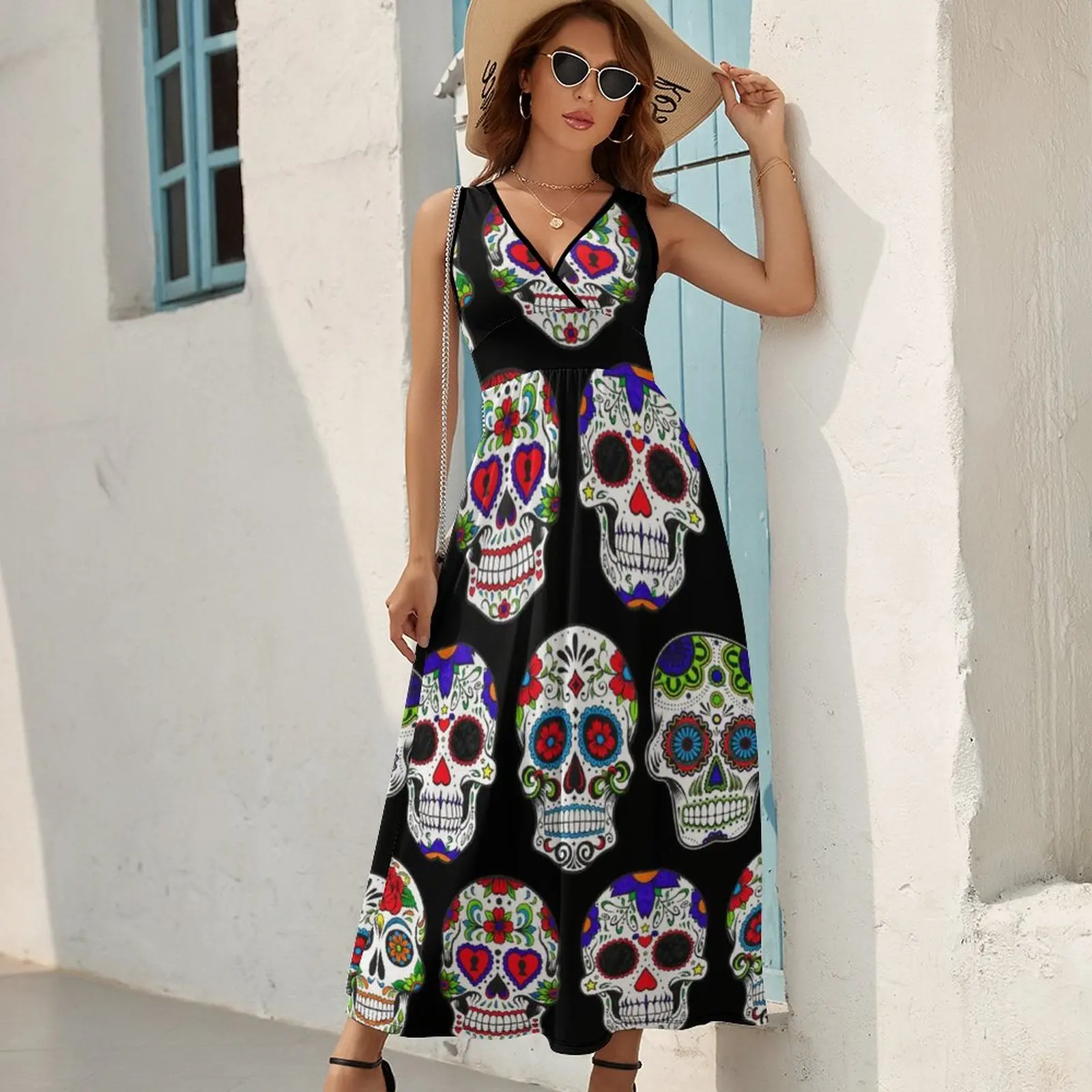 Day Of The Dead Sugar Skull Flower Art Dress WomenBeach Maxi Dress V Neck Sleeveless Street Fashion Design Bohemia Long Dresses