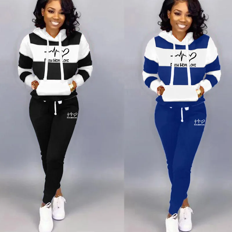 2 Piece Set Women Spring Autumn Hoodies Suit Tracksuit Sweatshirt Print Hoodies Pants Sportwear Women\'s Sports Suit Hooded Set