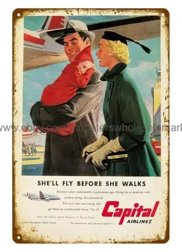 nostalgic room wall decor 1952 Airlines Parents Baby Fly travel metal tin sign