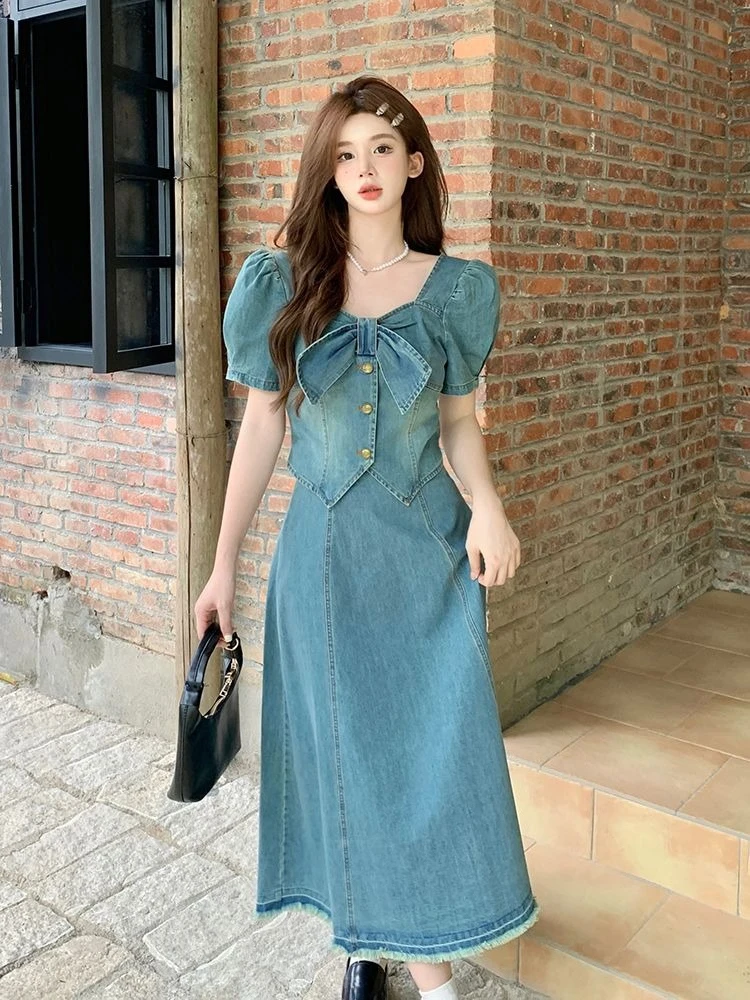 

Korean Style French Retro Denim Set Bow Top Waist Cinching Skirt Summer Women Outfit