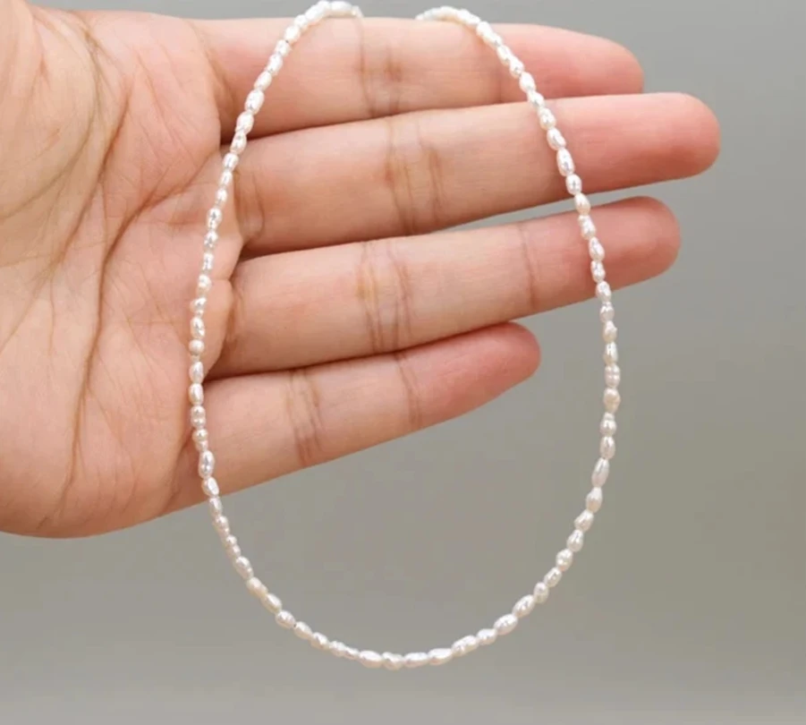 3mm White Rice Natural Freshwater Pearl Necklaces with 5cm Extend Chain 925 Sterling Silver 35 43cm Choker Jewelry Gift