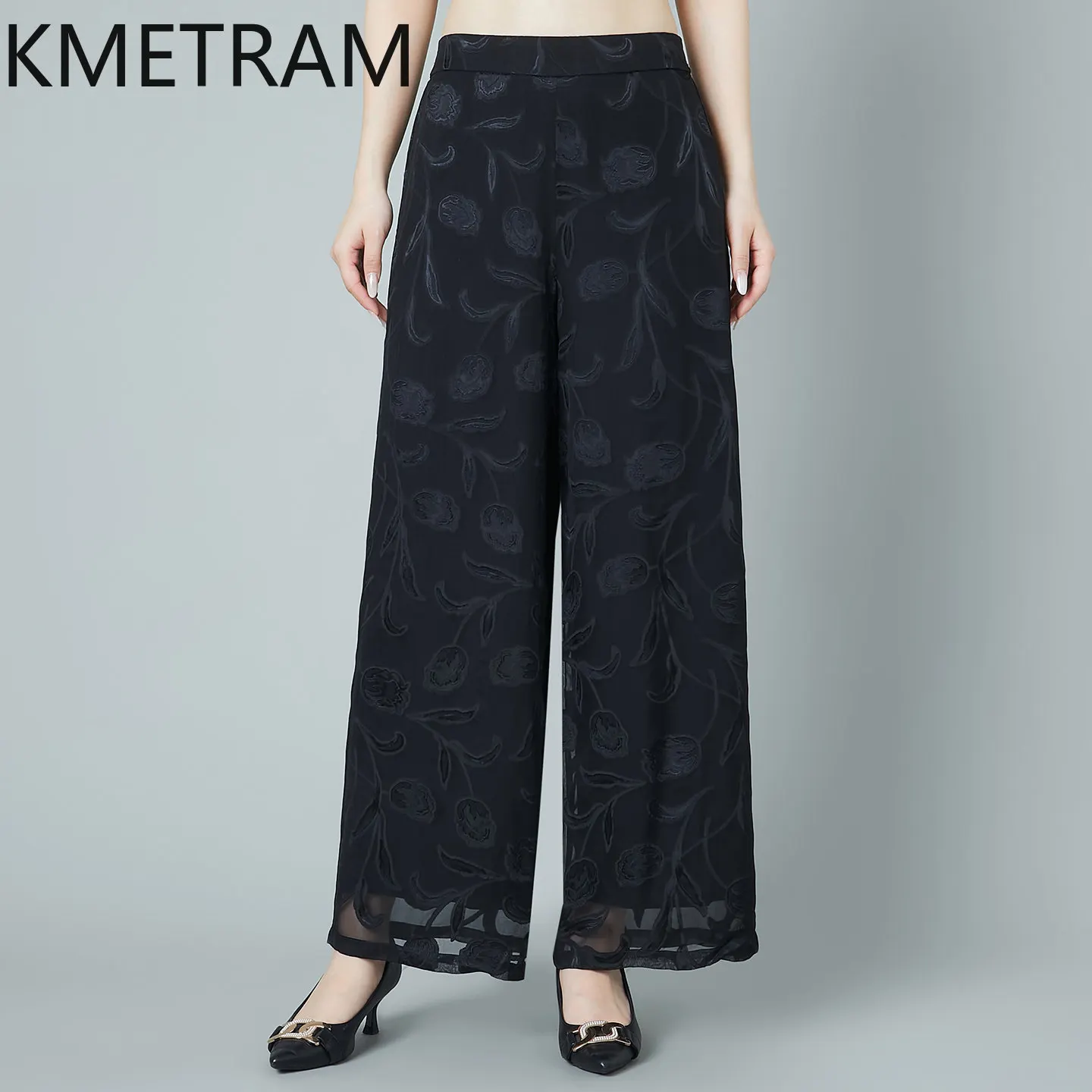 

KMETRAM 100% Real Silk Women Pants 2026 Summer Elegant Embroidered Double-layer Straight-leg Pant Woman Clothes Roupas Femininas