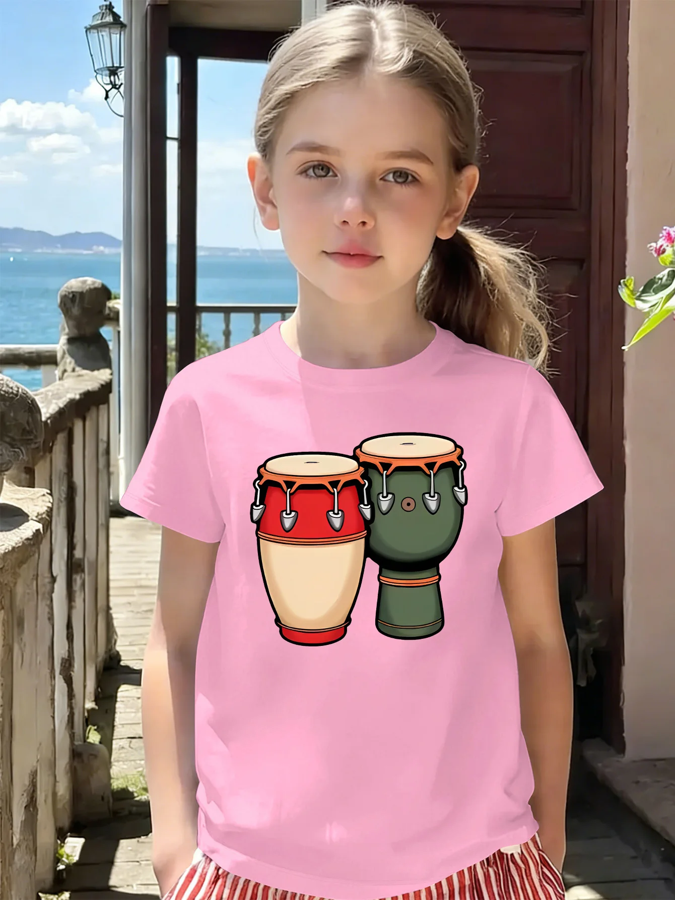 Cartoon Djembe Percussion Instrument Print T Shirt Boys Girls Short Sleeve Crew Neck Cotton Parent Matching Tops Toddler Youth