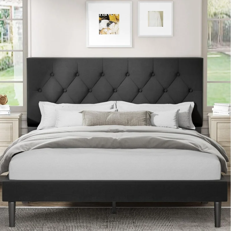 

Full Size Platform Bed Frame with Upholstered Headboard,Button Tufted Design,No Box Spring Needed,Dark Grey