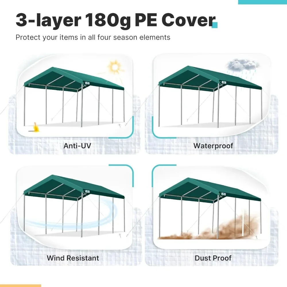 10x20 ft Heavy Duty Carport Potable Car Canopy Garage Party Tent Boat Shelter, Adjustable Height from 9.5 ft to 11 ft, Green