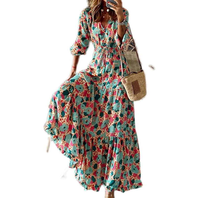 فضفاضة تناسب الأزهار طباعة V-Ne Long Sve Dr Street Sle ألف خط الخريف Faion للنساء 25-29 سنة