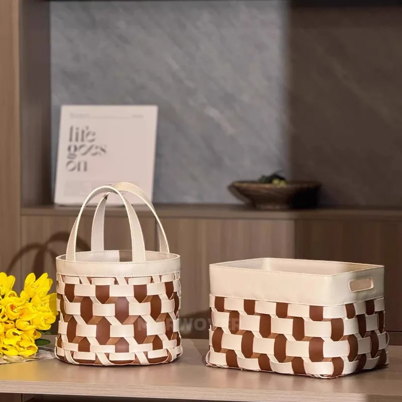 

Modern Woven Laundry Hamper Luxury Leather Storage Basket Minimalist Bedroom Clothes Organizer for Home Living Room Toy Basket