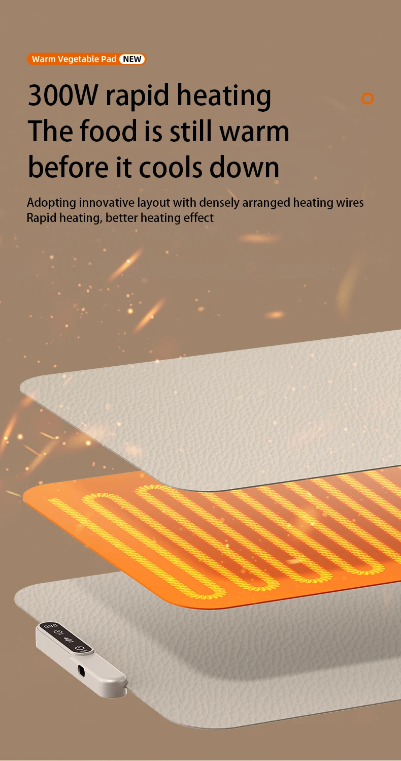 TINSOL Food Warmer Pad Foldable Silicone Heating Pad Portable Meal Cart Insulation Pad 8-Level Temperature Adjustment