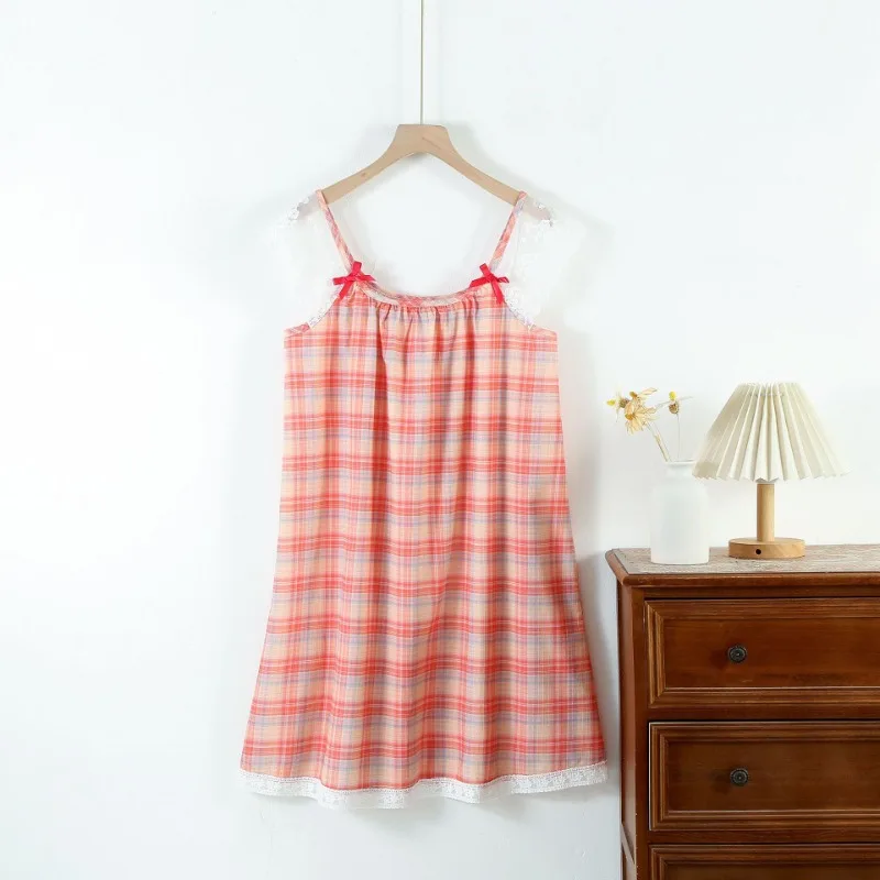 Funny Cute Above Knee Mini Nightgown Plaid Spaghetti Strap Sleepwear Girls Lace Pure Cotton Single-layer Cotton Yarn Nightdress