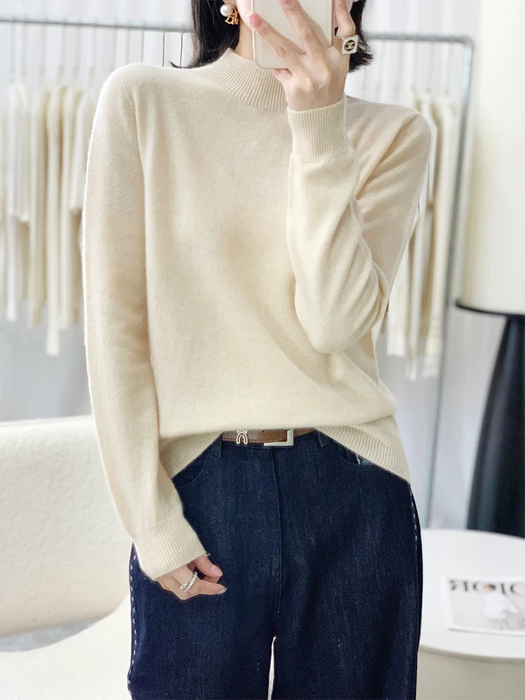 Light Luxury Autumn Winter Woman Sweater Elegant Ladies 100% Merino Wool Knitted Neck Pullover Softer Long Sleeve Clothing Tops