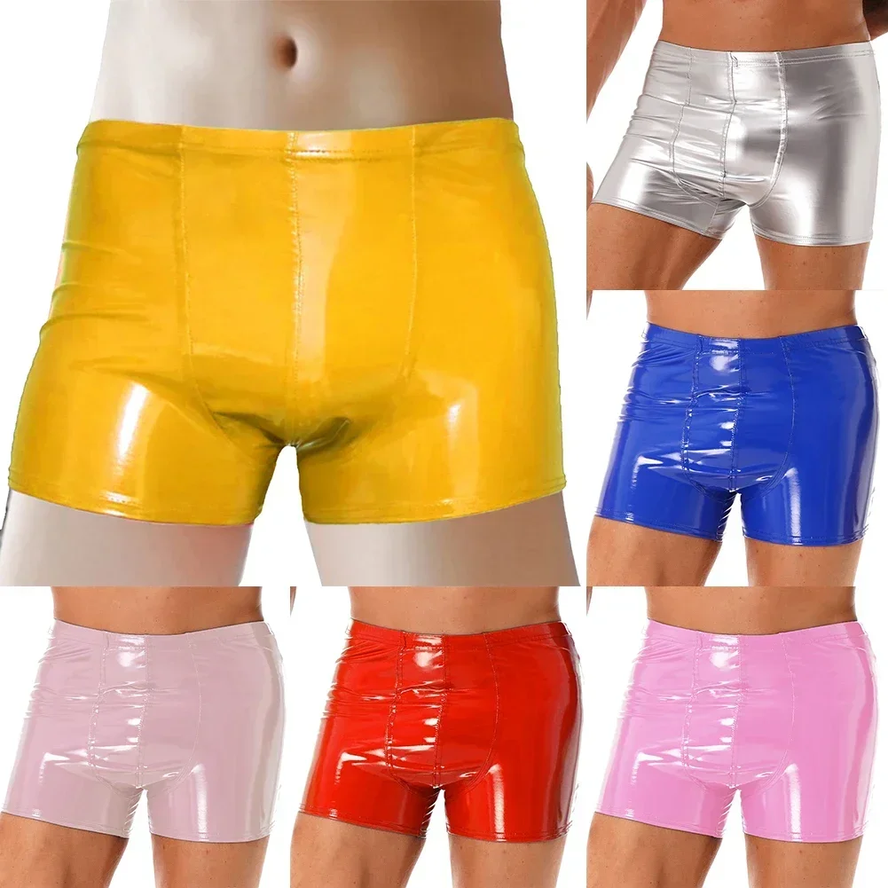 2023 Fashion Mens Hombre Faux Leather Shorts Brief Wetlook Latex Underpants Silkys Trunks Underwear