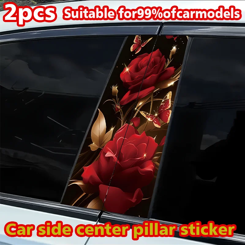 

2 наклейки на B-стойку автомобиля, защитная пленка из полиэтилена с изображением красных роз и бабочек.