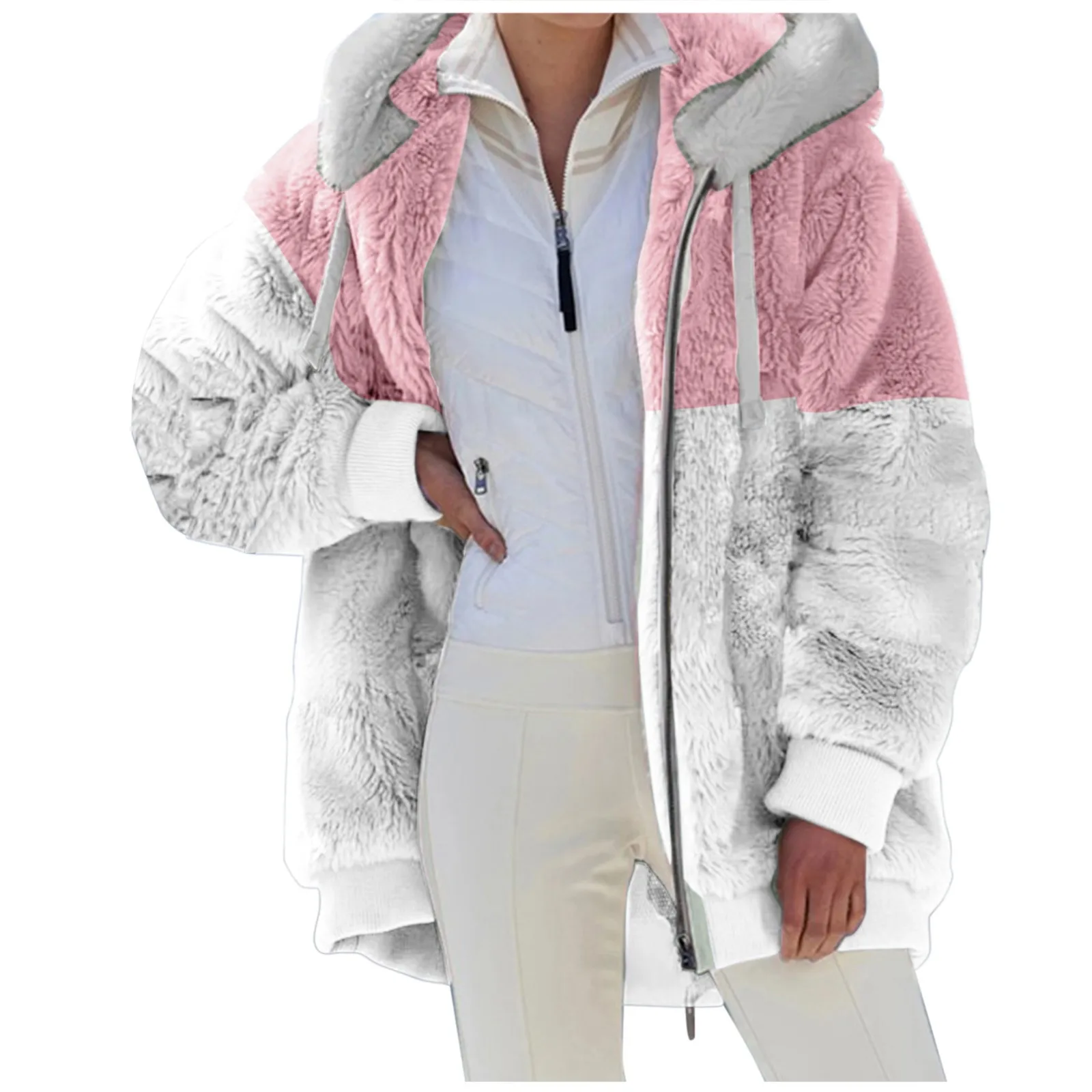 Women Winter Coat Warm Patchwork Zipper Pocket Striped Hooded Faux Fur Long Sleeves Cardigan Furry Warm Fleece Jacket Outerwear