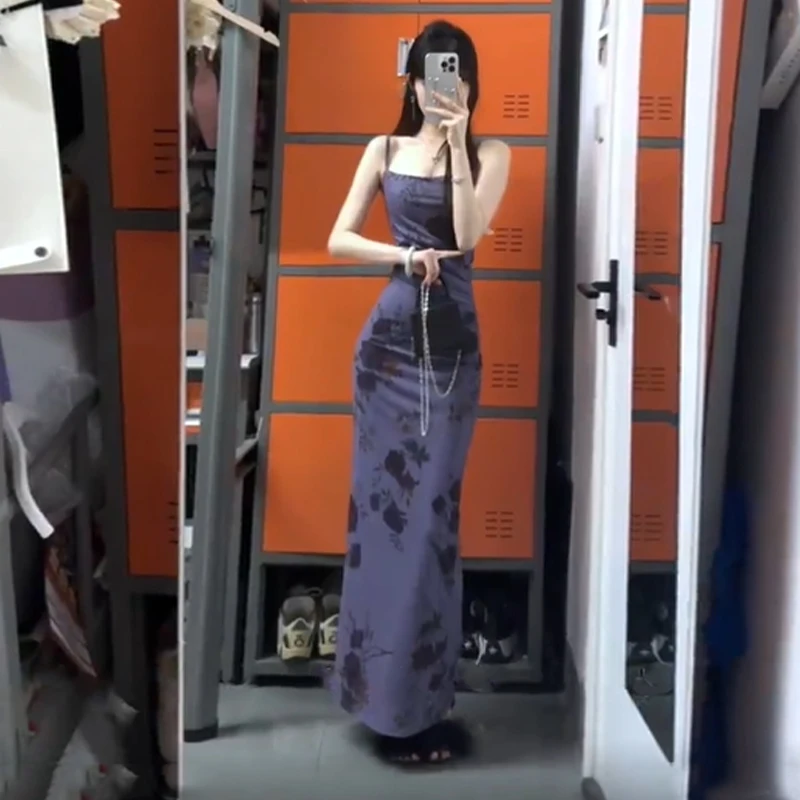 Ele Long Floral Print ter Dr Purple Bal Me Skirt Slim Fit Women's Summer Faion Casual Svel Gown