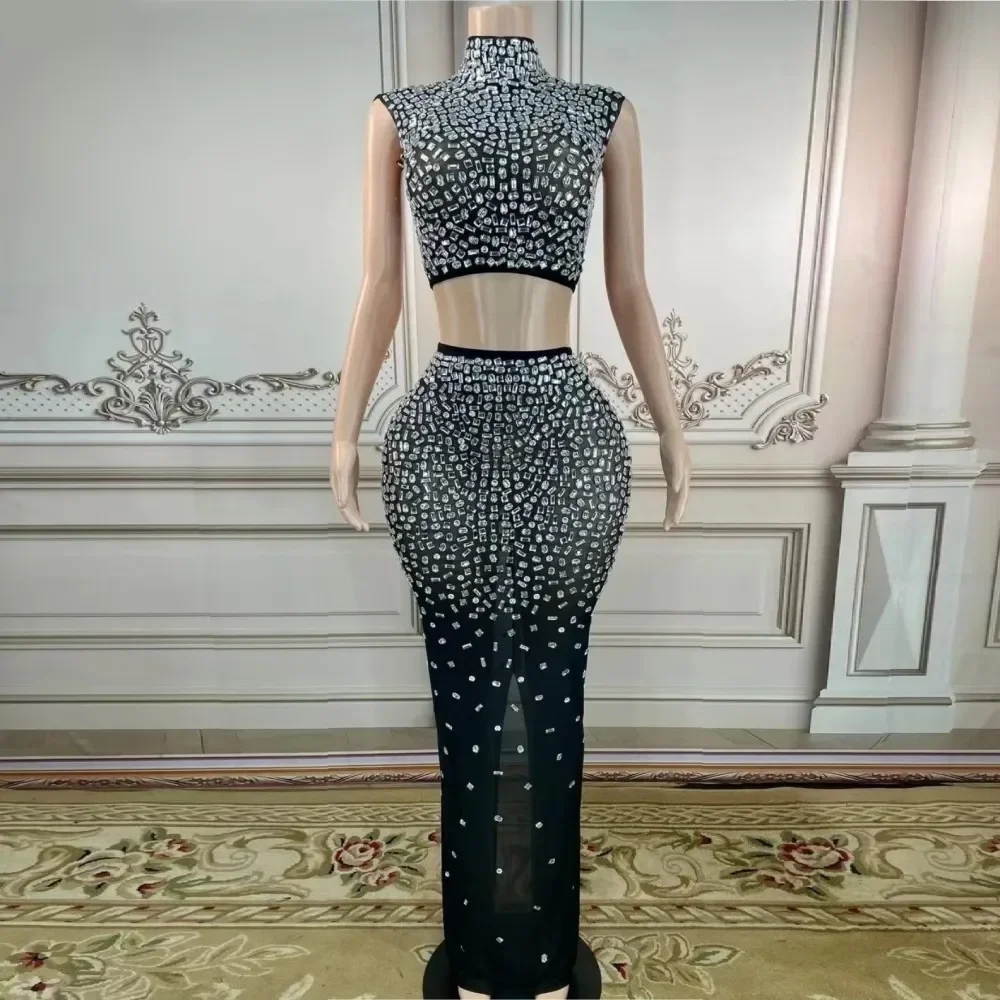 

Black Color Sparkling RhinestonesTurtleneck Sleeveless Women Party Dress Sexy Package Hip Long Trumpet Dress Suit Birthday Gift