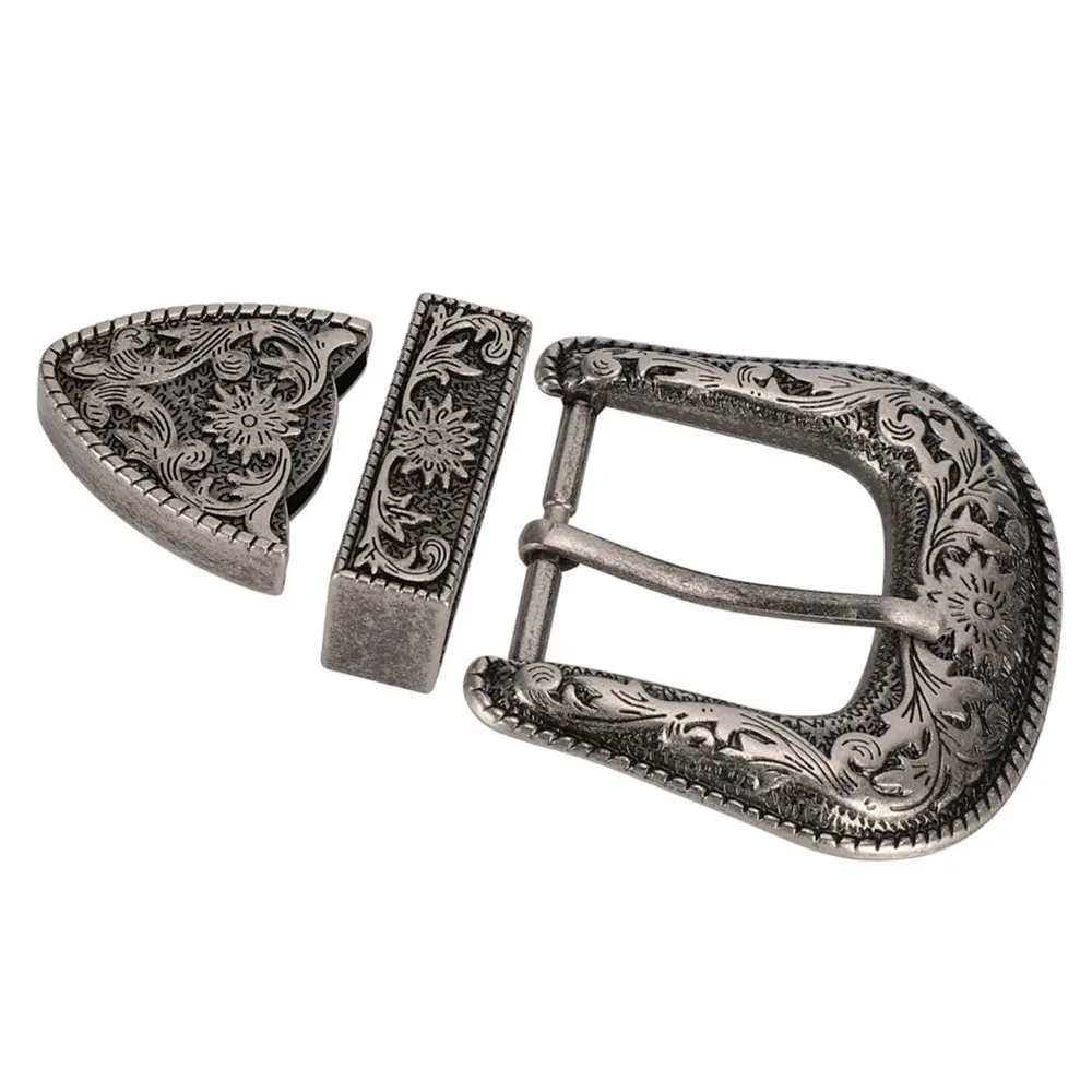 Vintage Style Cowboy Belt Buckle Antique Silver Carving Design Alloy Waist Buckle 40mm Inner Diameter 3 Module Set