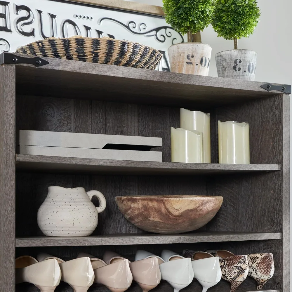 خزانة أحذية المزرعة، خزانة تخزين أحذية طويلة مع أرفف قابلة للتعديل ومكعبات مفتوحة، منظم أحذية خشبي صناعي، ريفي