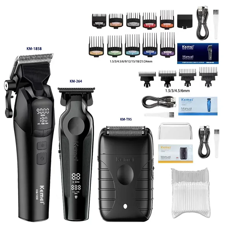 Kemei KM-1858 9000 RPM 10 W Tondeuse KM-264 Oplaadbare Elektrische Trimmer Originele KM-T95 Scheerapparaat voor Mannen Kapper tondeuse Kit