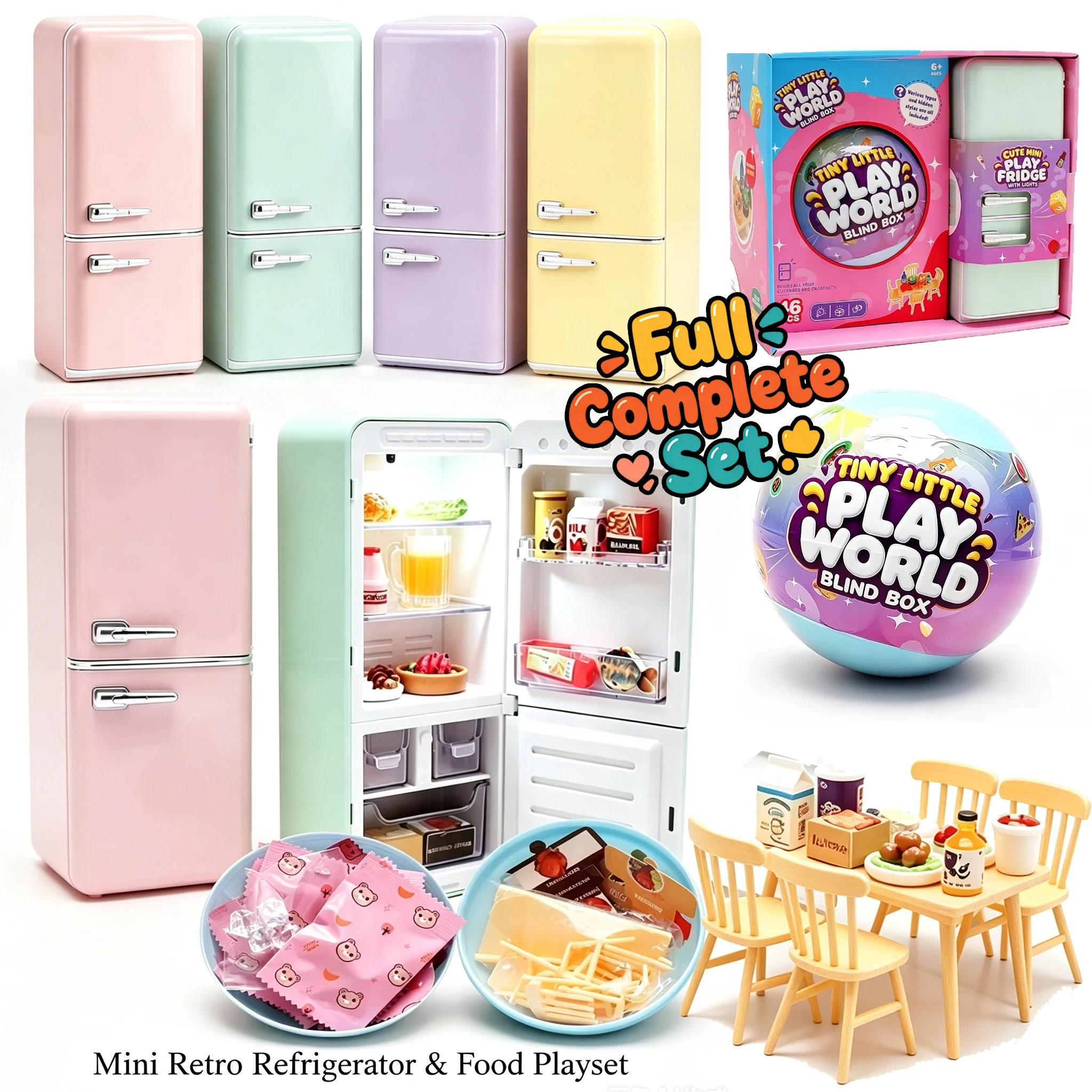 Complete Macaron Mini Fridge Blind Box Set: Random Food Toys, Mini Table & Chairs, Surprise Blind Balls, Birthday & Party Gift