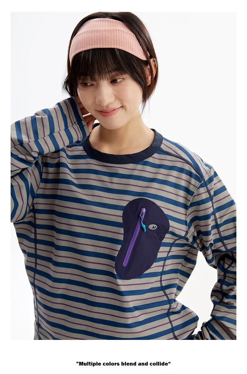 Unisex Gestreiftes Langarm-T-Shirt – UPF50+ Sonnenschutz & Schnelltrocknend mit Kontrastfarbener Reißverschlusstasche für Outdoor- & Freizeitkleidung – Detail 5