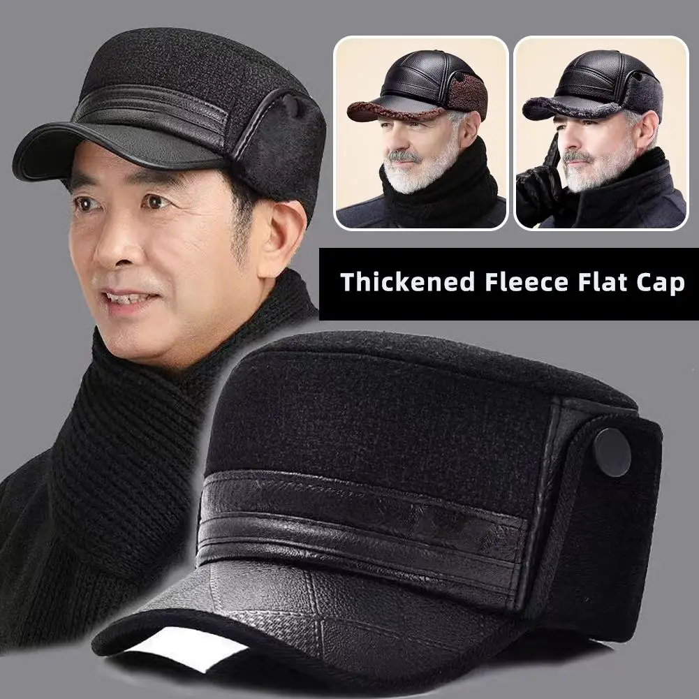 Winter Ear Flap Hat Fleece Lined Thickened Flat Cap Windproof Thermal Heating Hat For Elderly Men Grandpa Dad Gift