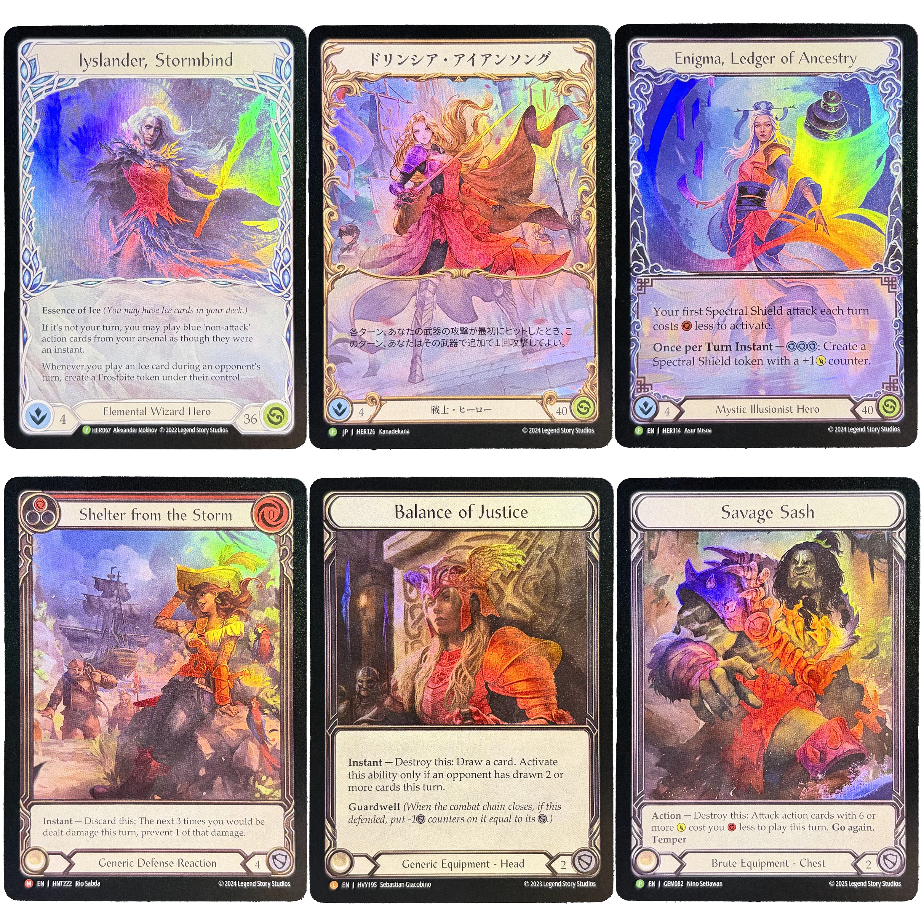 

Коллекционные карты FAB Alternate Art Rainbow Foil Hero Cards: Iyslander/Enigma, Balance of Justice, Savage Sash — промо-карты для обмена, подарок для любителей.