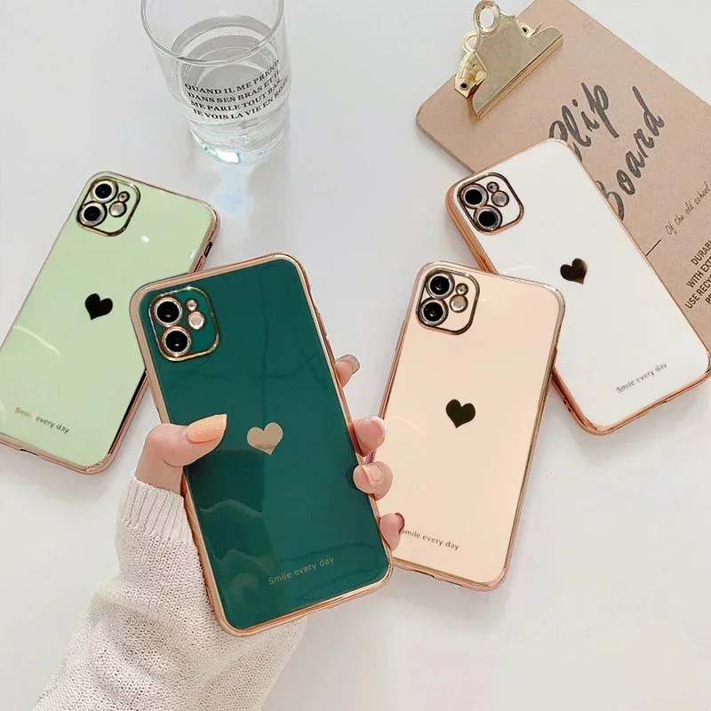 

Electroplated love heart Phone Case For iPhone 11 Pro 13 12 14 Pro Max XR XS X XS Max 7 8 Plus Shockproof Protective Back Cover