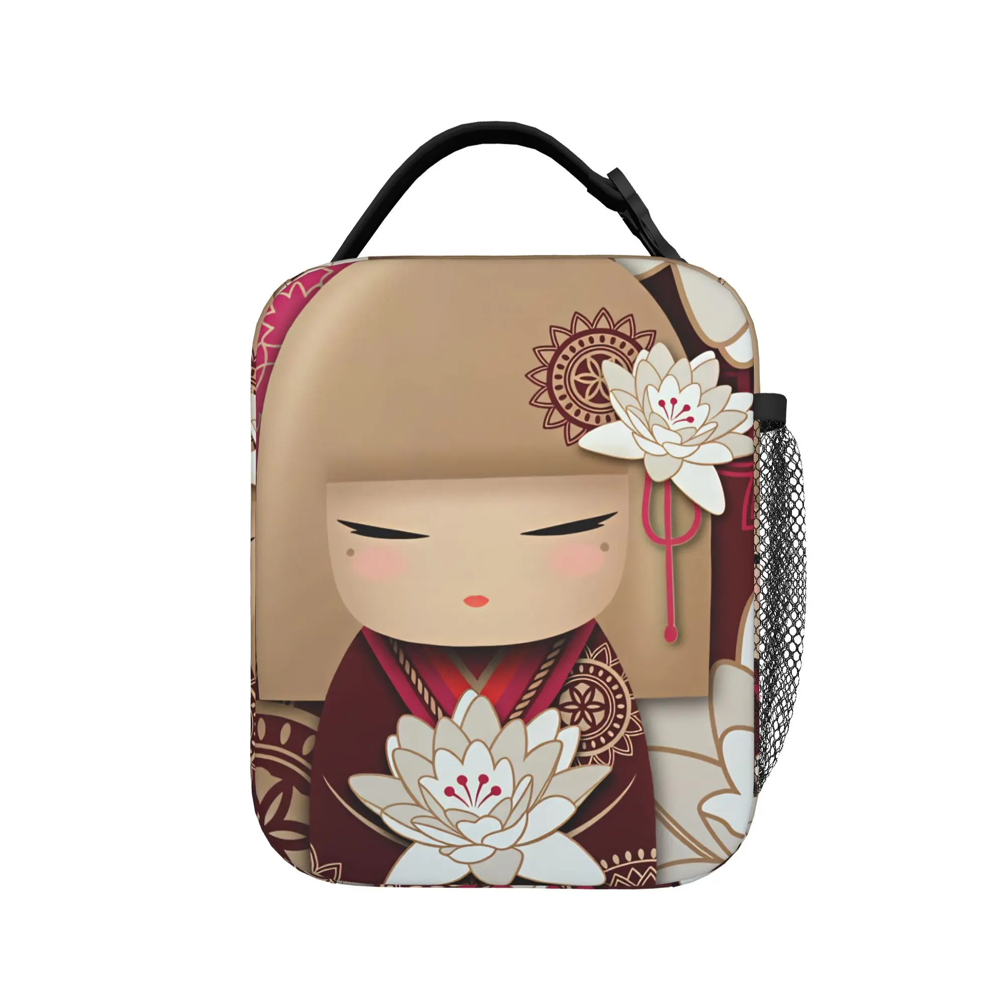 Japanese Girl Sakura Kokeshi Doll Lunch Bag  Funny Lunch Box Picnic Thermal Lunch Bags For Women Waterproof Print Cooler Bag