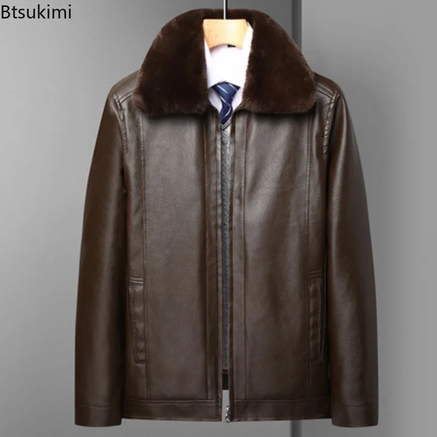 Men's Fur Collar Leather Jacket Oversize Winter Plush Thick Motorcycle PU Jacket Father Dad Outfit Black Faux Fur Collar Coats